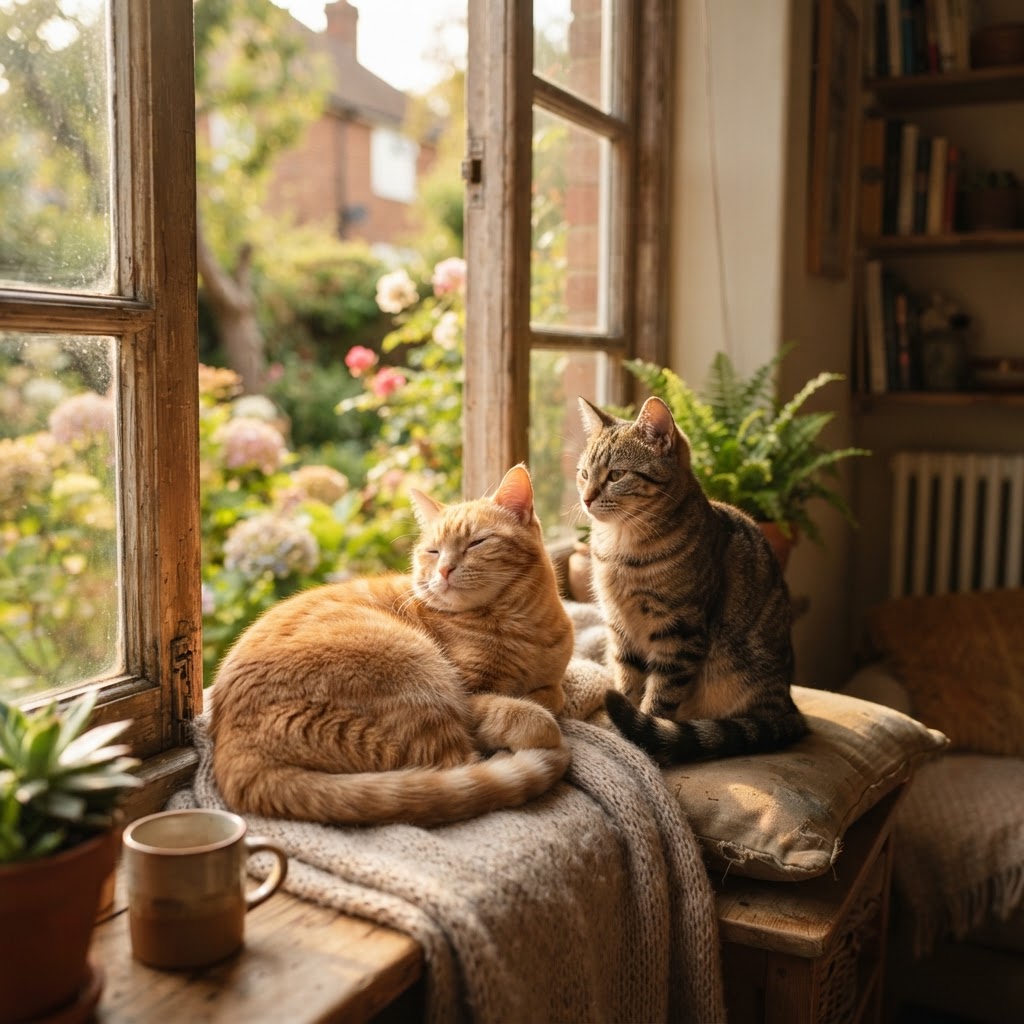 Cozy cats on a windowsill