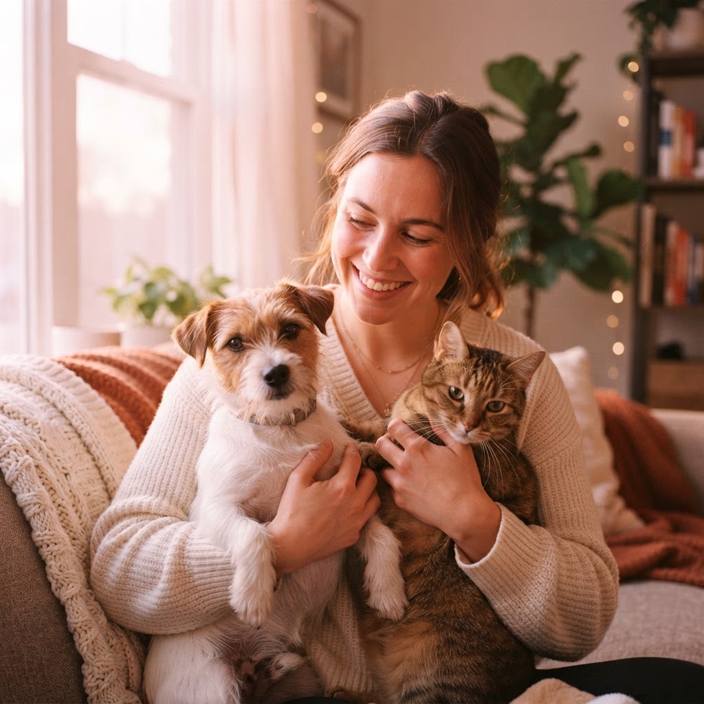 Happy pets with their owner
