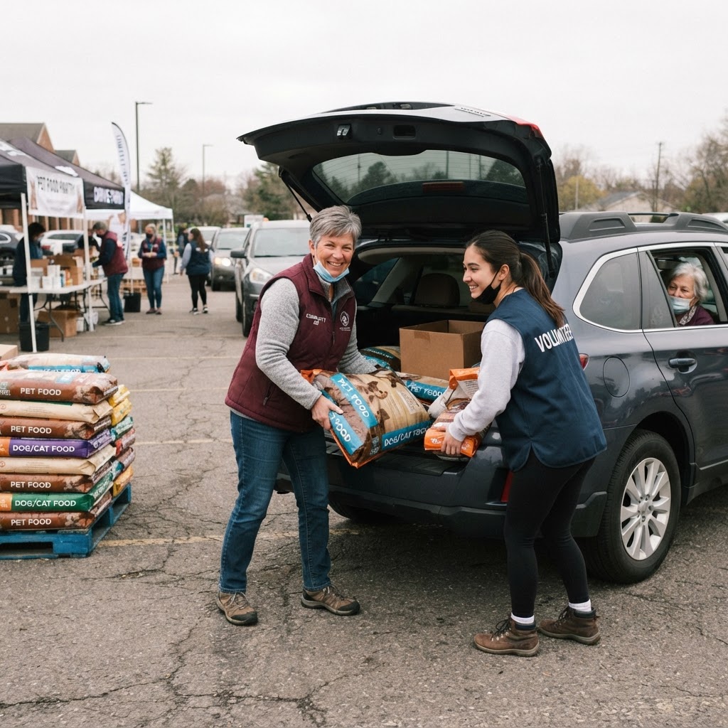 Volunteers loading pet food